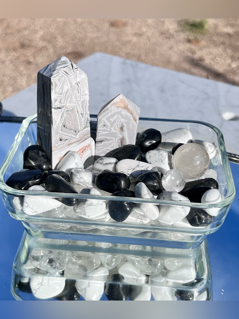Vintage Glass Rectangular Dish, 2 White Crazy Lace Towers, Obsidian, Howlite